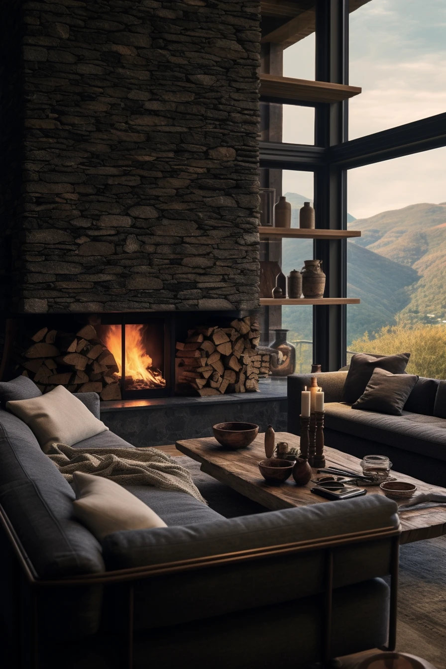 Intérieur chaleureux avec cheminée et vue sur la montagne